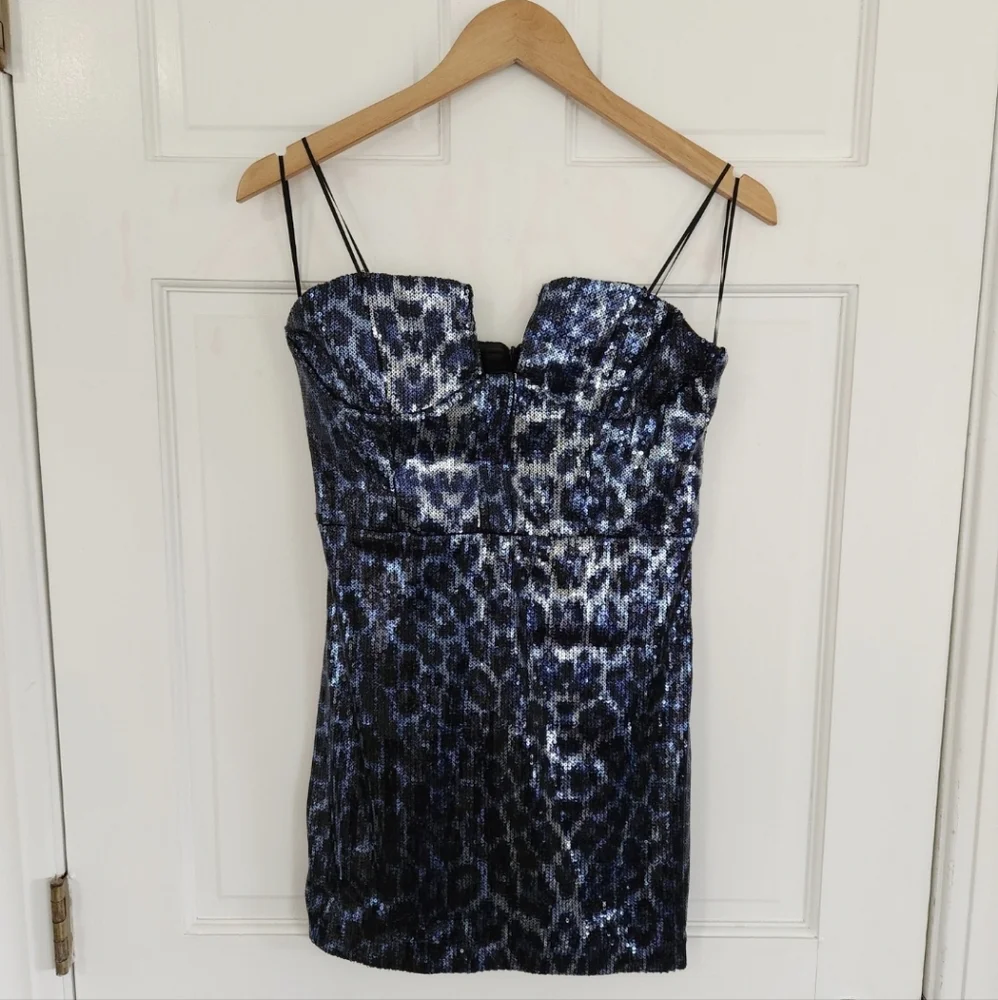 NWT Zara Blue Leopard Sequin Dress - Picture 3 of 10